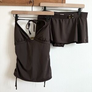 Y2K Ruched Halter Brown Tankini Swim Skirt Suit Top Bottom Set Tortoise Large